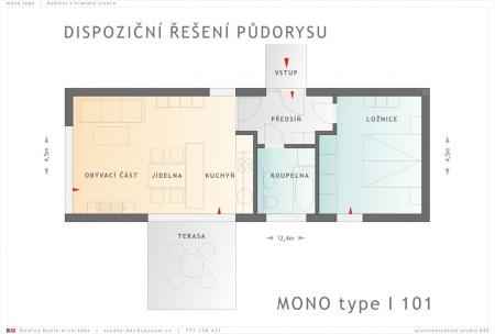 MONO type I.  Půdorys 101 - nejchudší verze obytného monoprostoru. 